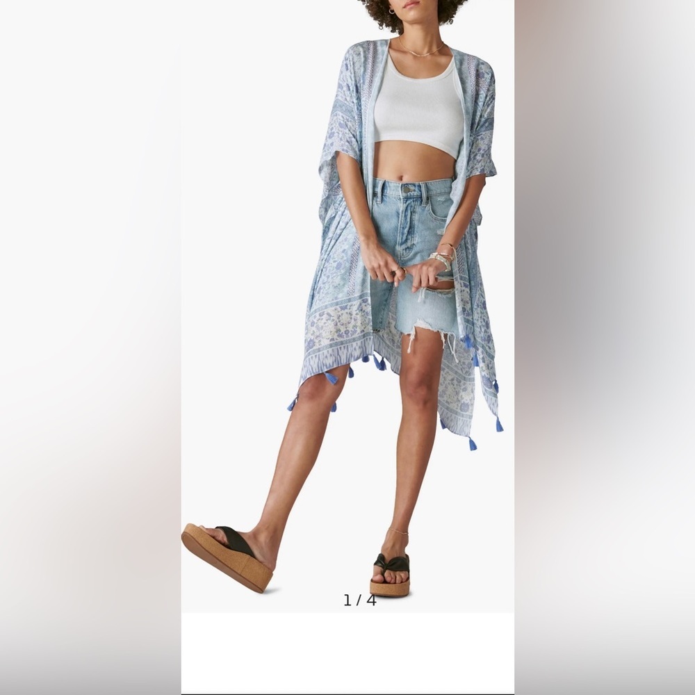 Lucky Brand Easy Printed Kimono Wrap Coverup Duster Tassels Blue One Size